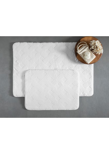 Modest Grid Rabbit Peluş Banyo Paspası Setı 50 x 80 cm+40 x 50 cm Beyaz