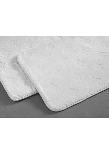Modest Grid Rabbit Peluş Banyo Paspası Setı 50 x 80 cm+40 x 50 cm Beyaz