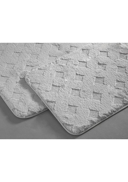 English Home Modest Grid Rabbit Peluş Banyo Paspası Setı 50 x 80 cm+40 x 50 cm Gri