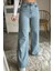 Kadın Açık Mavi Kar Yıkama Süper Yüksek Bel Bol Paça Denim Kot Pantolon ( Likralı / Salaş) 1