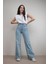 Kadın Açık Mavi Kar Yıkama Yüksek Bel Bol Paça Denim Kot Pantolon 1