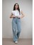 Kadın Açık Mavi Kar Yıkama Yüksek Bel Bol Paça Denim Kot Pantolon 2