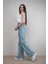 Kadın Açık Mavi Kar Yıkama Yüksek Bel Bol Paça Denim Kot Pantolon 4
