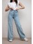 Kadın Açık Mavi Kar Yıkama Yüksek Bel Bol Paça Denim Kot Pantolon 1