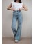 Kadın Açık Mavi Kar Yıkama Yüksek Bel Bol Paça Denim Kot Pantolon 2