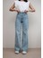 Kadın Açık Mavi Kar Yıkama Yüksek Bel Bol Paça Denim Kot Pantolon 4