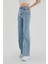 Kadın Açık Mavi Kar Yıkama Yüksek Bel Bol Paça Denim Kot Pantolon 2
