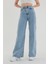 Kadın Açık Mavi Kar Yıkama Yüksek Bel Bol Paça Denim Kot Pantolon 4