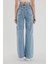 Kadın Açık Mavi Kar Yıkama Yüksek Bel Bol Paça Denim Kot Pantolon 5