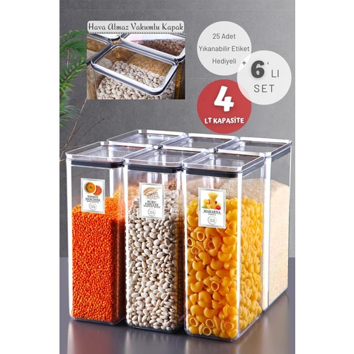 Nandy Home 6'lı Set Silikon Contalı Dikdörtgen Erzak Saklama Kabı Seti 4 Lt Şeffaf Yüksek Performanslı PP Plastik