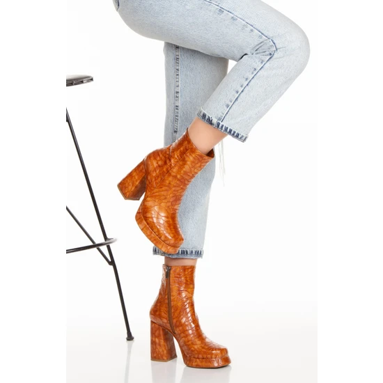 Marshetta Shoes Eiffel Plus Taba Kroko Kadın Topuklu Platform Bot