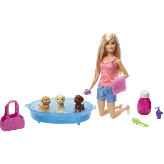 Barbie Bebek ve Aksesuarları - 3 Yavru Köpekli Oyun Seti, Hayvancıklar İçin Küvet ve Aksesuarlar GDJ37