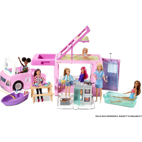 Barbie'nin 3'ü Bir Arada Muhteşem Karavanı ve Aksesuarları, Havuz, Kamyonet, Tekne ve 50 Aksesuarlı Araç Dahil GHL93