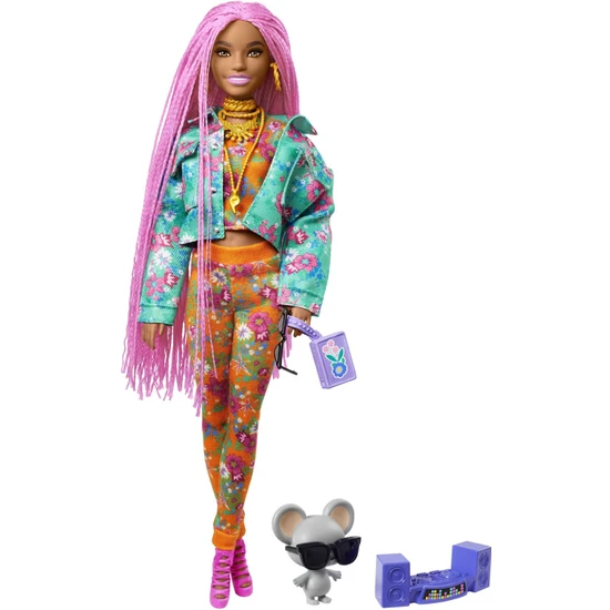 Barbie® Extra Bebek ile Hayvan Dostu DJ Fare; pembe renkli çok uzun örgülü saçlı; çiçek desenli ceket; bükülebilen esnek eklemli; 3 yaş ve üzeri GXF09