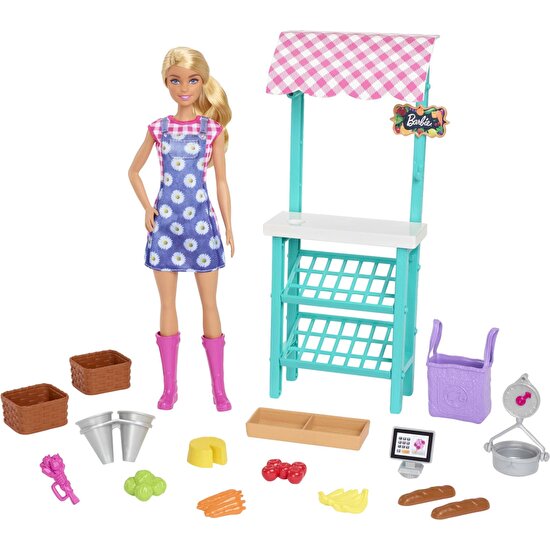 Barbie Çiftçi Pazarı Oyun Seti, Sarışın Barbie Bebek, Pazar Tezgahı, Kasa, Sebzeler, Ekmek, Peynir Ve Çiçekleriyle, 3 Yaş Ve Üzeri Hcn22