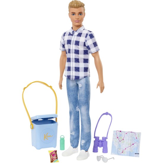 Barbie Ken İle Kamp Aksesuarları, Ekose Gömlek, Kot Pantolon Ve Beyaz Spor Ayakkabılar Giyer, 3 Yaş Ve Üzeri Hhr66