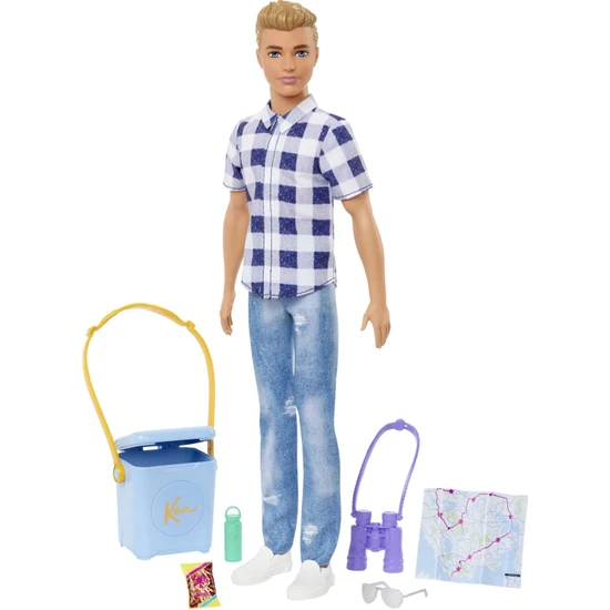 Barbie Ken İle Kamp Aksesuarları, Ekose Gömlek, Kot Pantolon Ve Beyaz Spor Ayakkabılar Giyer, 3 Yaş Ve Üzeri Hhr66