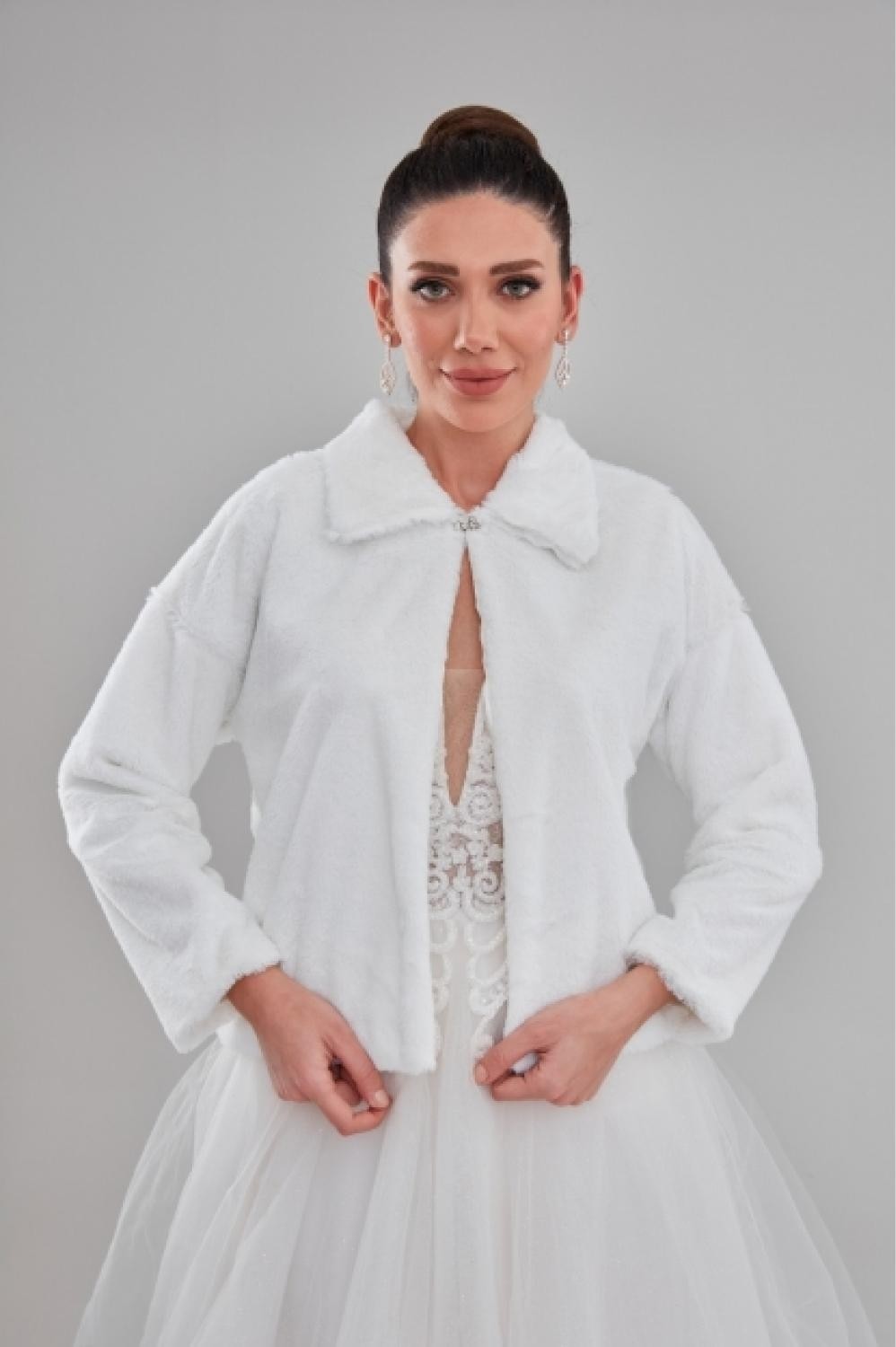 New in Style Newin Style Çift Yaka Uzun Kol Beyaz Gelin Etol Kürk Bolero görsel 2