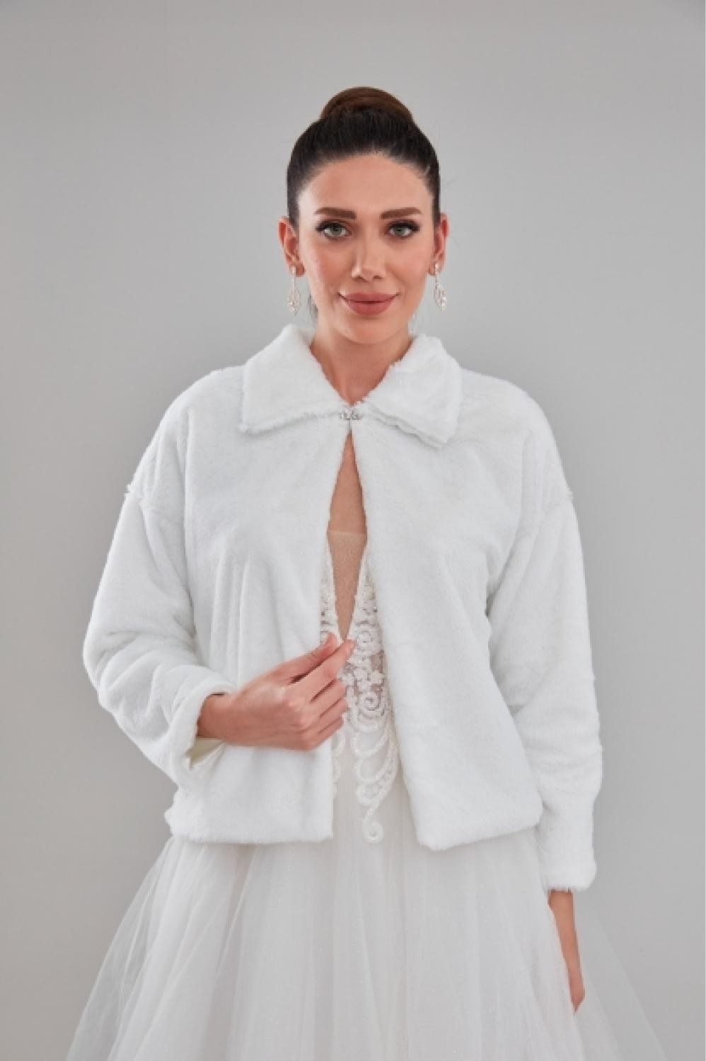 New in Style Newin Style Çift Yaka Uzun Kol Beyaz Gelin Etol Kürk Bolero görsel 3