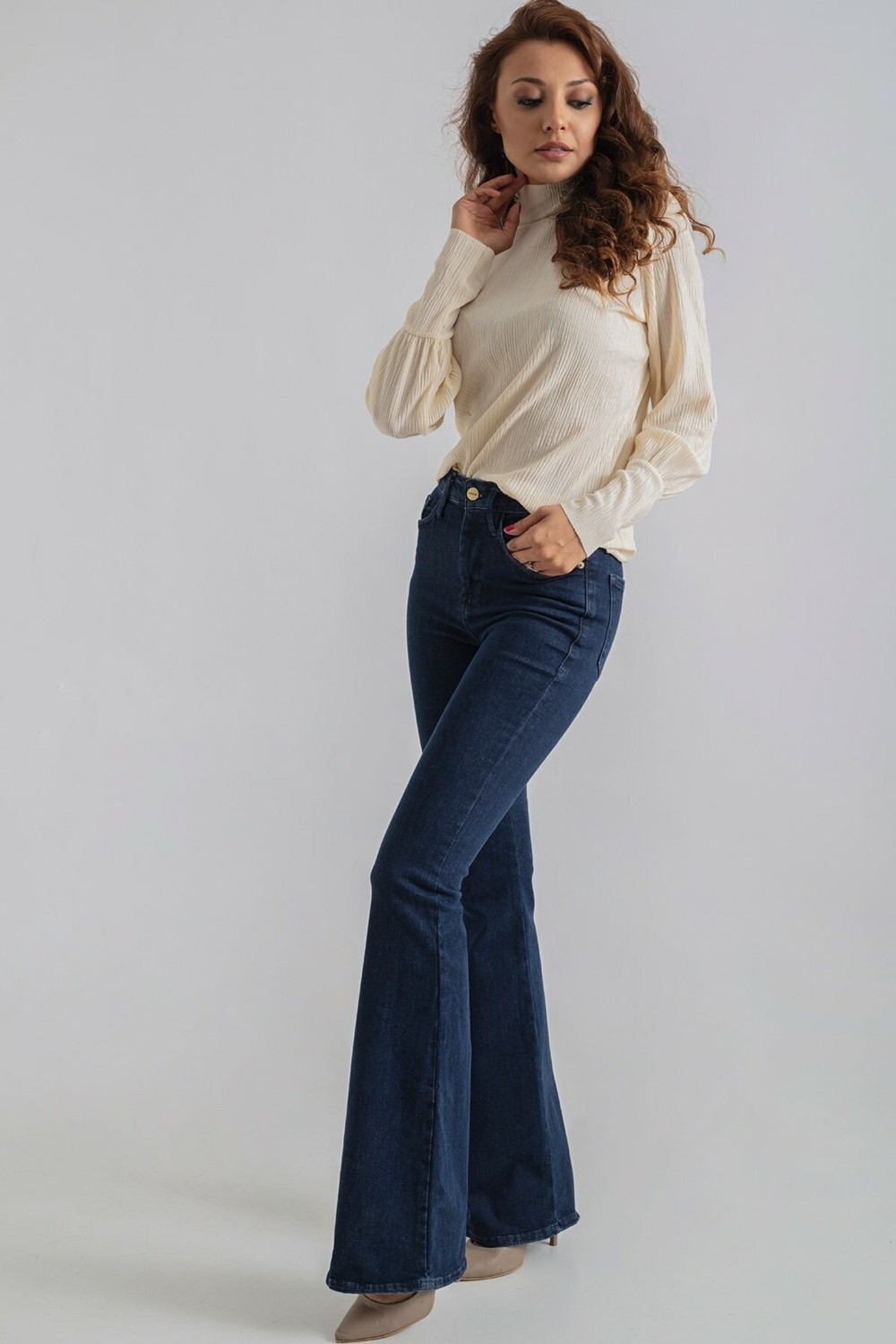Ramrod Koyu Mavi Flora Ispanyol Paça Kot Pantolon Yüksek Bel Flare Jeans (Toparlayıcı) görsel 2