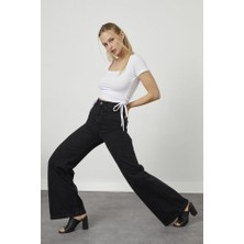 Ramrod Vogue Siyah Likralı  Salaş Wide Leg  Jean - Süper Yüksek Bel Solmaz Kumaş Kot Pantolon