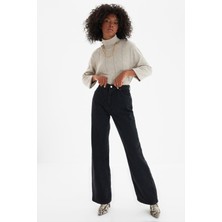 Livik Süper Yüksek Bel Siyah Denim Kumaş Bol Paça  Jeans 