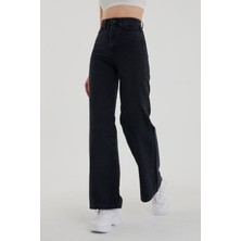 Trn JNS Siyah Likralı  Wide Leg Jeans  Süper Yüksek Bel Bol Paça Kot Pantolon