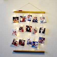 Xnews Ahşap Fotoğraf Çerçevesi LED Işıklı Ipli Mandallı Resim Askısı