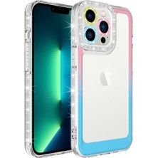 noktaks - Apple iPhone 13 Pro - Kılıf Simli ve Renk Geçiş Tasarımlı Lens Korumalı Park Kapak - Pembe-Mavi