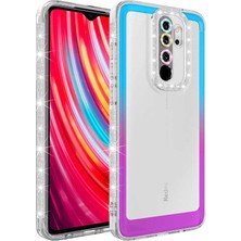 noktaks - Xiaomi Redmi Note 8 Pro - Kılıf Simli ve Renk Geçiş Tasarımlı Lens Korumalı Park Kapak - Mavi-Mor