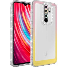 noktaks - Xiaomi Redmi Note 8 Pro - Kılıf Simli ve Renk Geçiş Tasarımlı Lens Korumalı Park Kapak - Pembe-Sarı