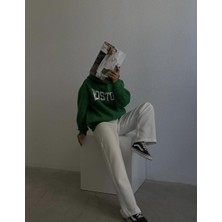 Kadın Boston Baskılı Kapüşonlu  Şardonlu Yeşil Swaetshirt