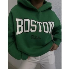 Pubblica Kadın Boston Baskılı Kapüşonlu  Şardonlu Yeşil Swaetshirt