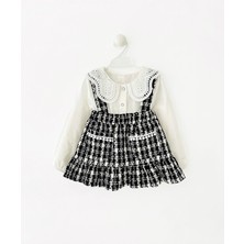 Magu Kız Çocuk Gömlekli Yakası Dantelli Salopet Tüvit Elbise