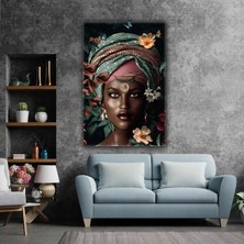 SML Tablo Renkli Çiçek Eşarplı Siyahi Afrikalı Kadın African Woman Kanvas Tablo