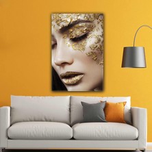 SML Tablo Altın Yüzlü Kadın Model Gold Dudak Makyaj Kuaför Kanvas Tablo