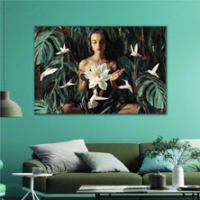 SML Tablo Yağlı Boya Efektli Doğa Kadın Orman Kuş Kanvas Tablo