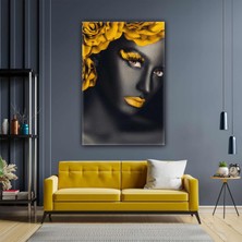 SML Tablo Sarı Gül Saçlı Afrikalı Siyahi Model Altın Renkli Makyajlı Kadın Kanvas Tablo