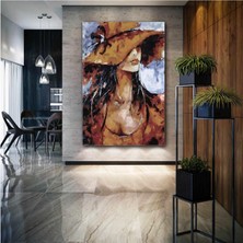 SML Tablo Kahverengi Şapkalı Kadın Woman Yağlı Boya Efektli Kanvas Tablo