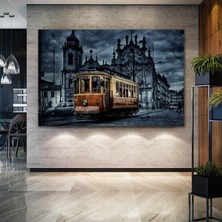 SML Tablo Nostalji Sarı Tramvay Gri Şehir Manzara Dekoratif Kanvas Tablo