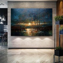 SML Tablo Gece Ay Işığı Altında Göl Manzarası Doğa Ağaç Yağlı Boya Efektli Kanvas Tablo