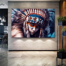 SML Tablo Kızıl Derili Savaşçı Kadın Renkli Etnik Makyaj Art Woman Kanvas Tablo