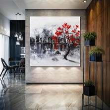 SML Tablo Yağlı Boya Efektli Kırmızı Çiçek Açmış Ağaç Gri Siyah Doğa Manzarası Dekor Kanvas Tablo