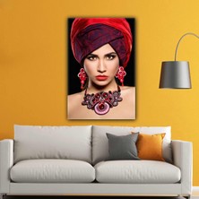 SML Tablo Kırmızı Eşarplı Kadın Küpe Gerdanlık Ruj Kanvas Tablo