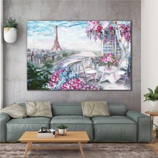 SML Tablo Eyfel Kulesi Manzaralı Balkon Yağlı Boya Efektli Paris Kanvas Tablo