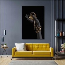 SML Tablo Altın Takılar Tutan Afrikalı Kadın Eli Gold Dekor Siyah Kanvas Tablo