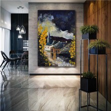 SML Tablo Sarı Çiçekler İçindeki Orman Evi Doğa Manzara Yağlı Boya Efektli Kanvas Tablo