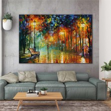 SML Tablo Yağlı Boya Efektli Yağmur Altında Yürüyen Şemsiyeli Adam Şehir Sokak Cadde Işıklar Kanvas Tablo