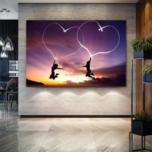 SML Tablo Havaya Zıplamış Çift Kalp Bulutları Aşk Love Dekor Gün Batımı Kanvas Tablo