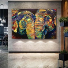 SML Tablo Fil Çifti Yağlı Boya Efektli Hayvan Doğa Afrika Kanvas Tablo